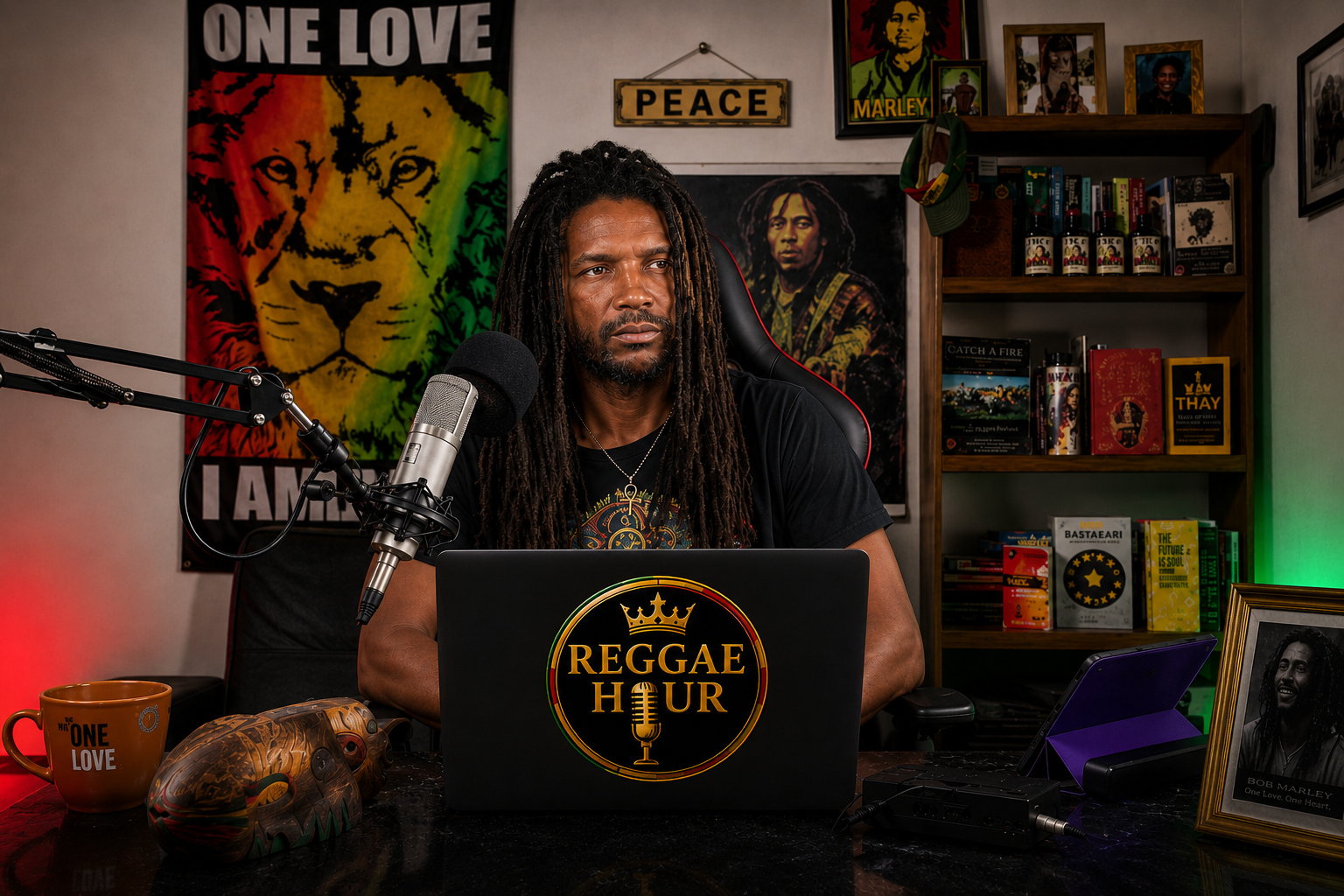 Eric Mr. E Williams in a Reggae Hour podcast studio setting